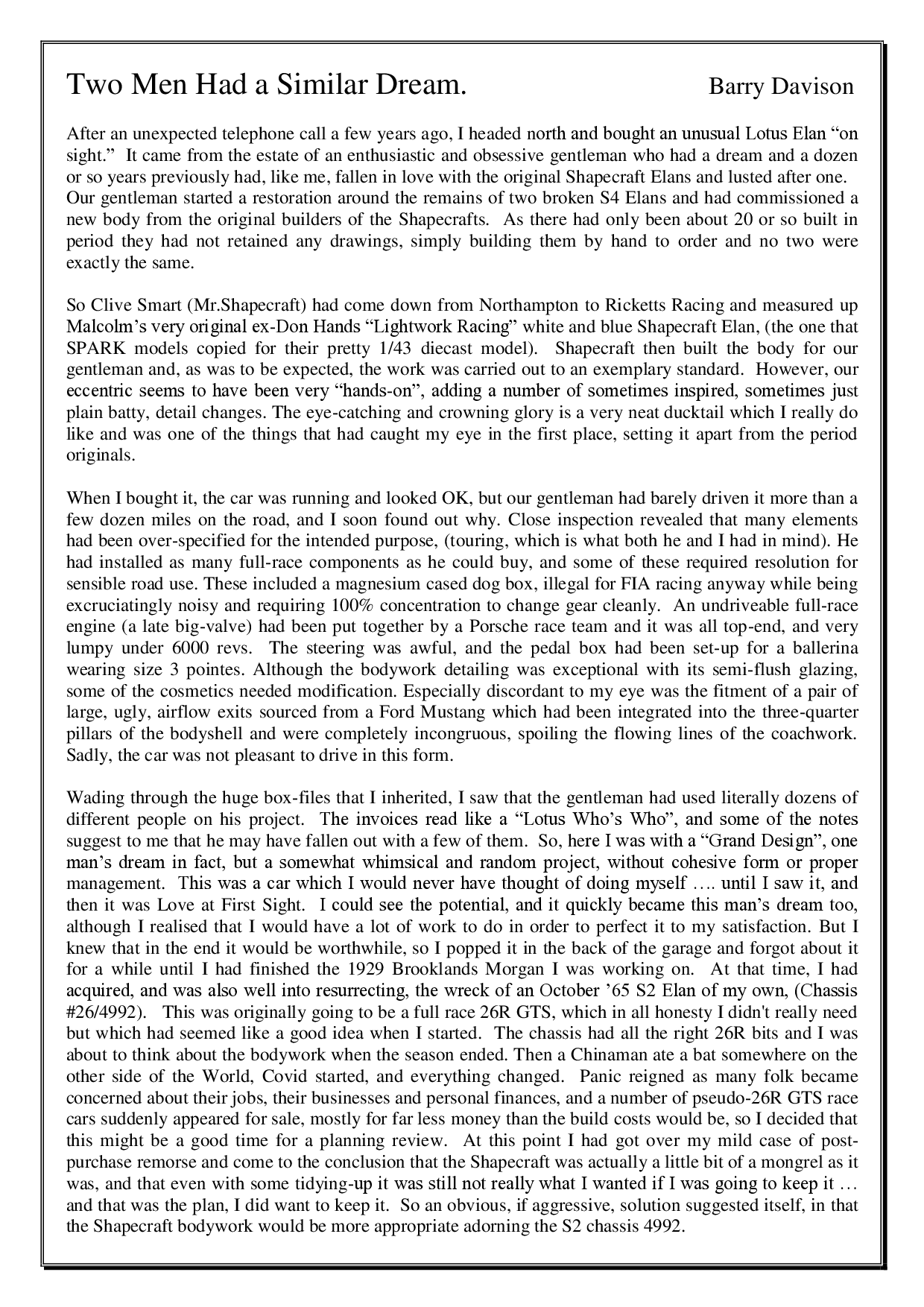 Shapecraft Elan Story — Historic Lotus Racing Magazine